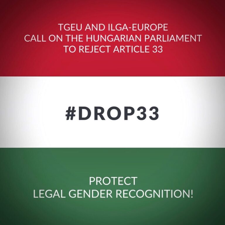 Hungarian flag displaying the text 'TGEU and ILGA-Europe call on the Hungarian Parliament to reject Article 33 - #DROP33 - Protect Legal Gender Recognition'